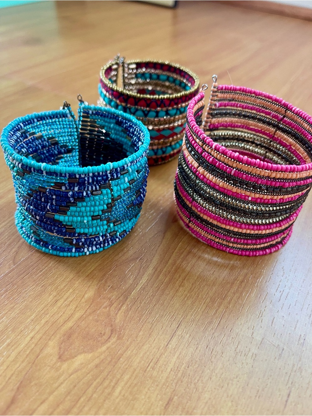 Handmade Beaded Cuff Bracelet - Pink & Turquoise